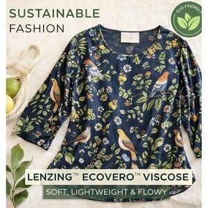 J JILL Blouse Size Tagged 3X fits 2X Navy Bird Print Floral Artsy Nature Top
